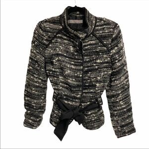 ZARA Boiled Wool Blazer Jacket Tie Waist Black Cream M